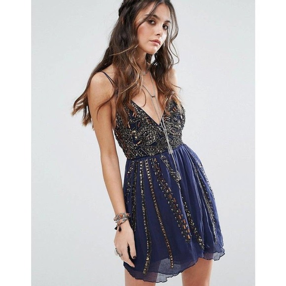 Free People Cassiopeia Navy Beaded Embellished Party Dress Size 0